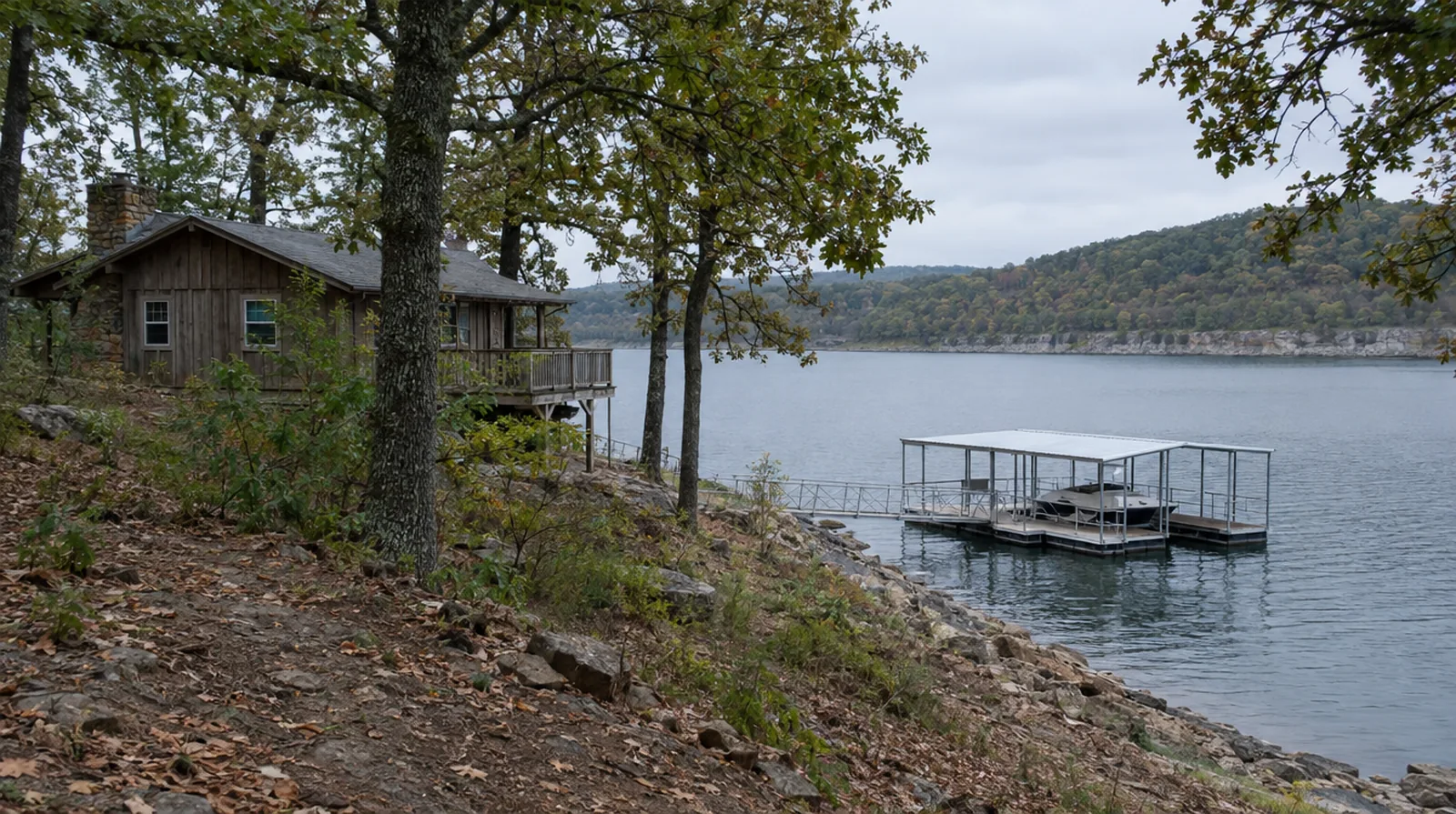 Wooded lakeside property with an older cabin and a covered boat dock on an Oklahoma reservoir under an overcast sky