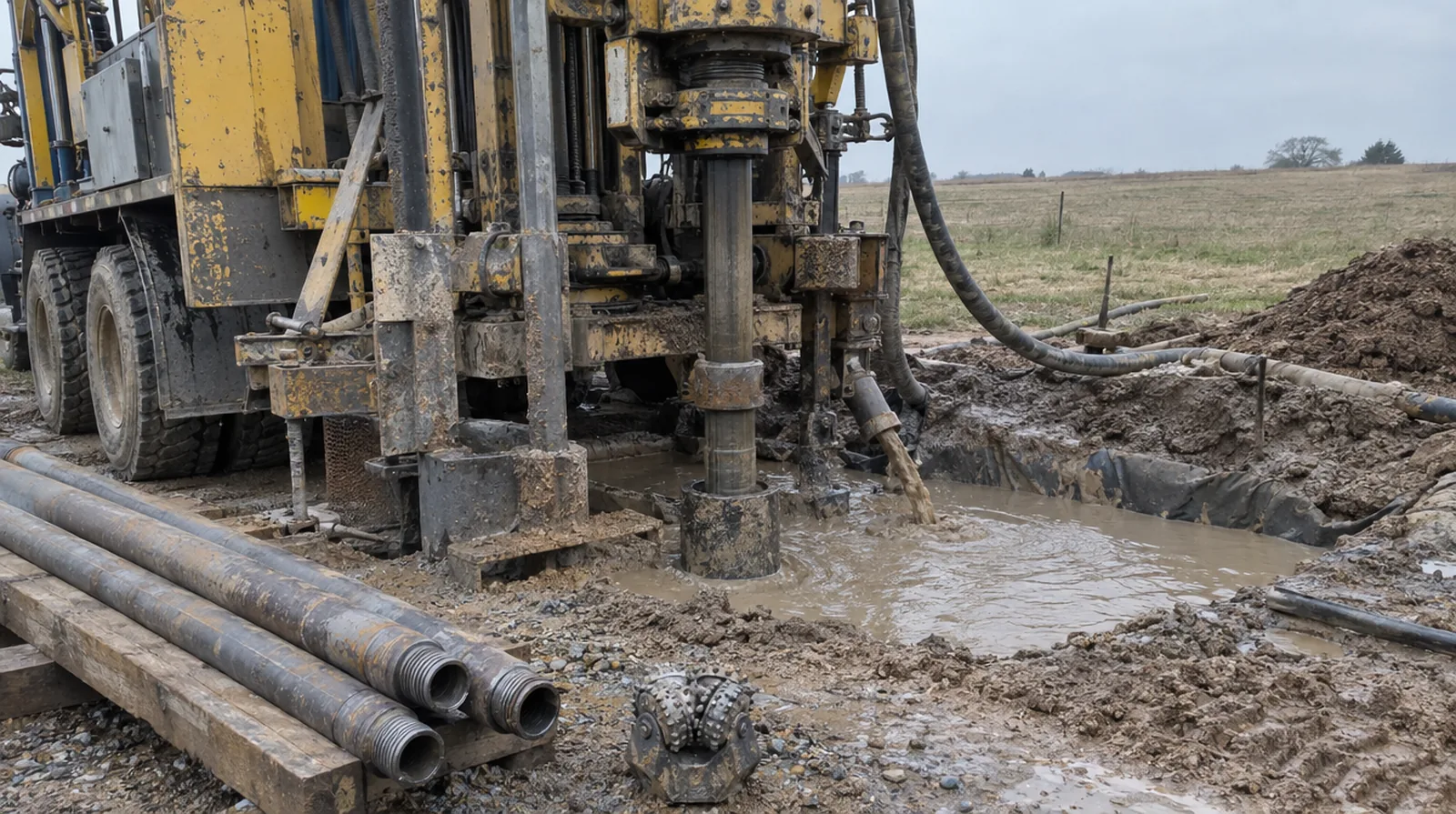 Drilling rig on a water well job site with drill pipe, a tricone bit and muddy fluid returning to a mud pit